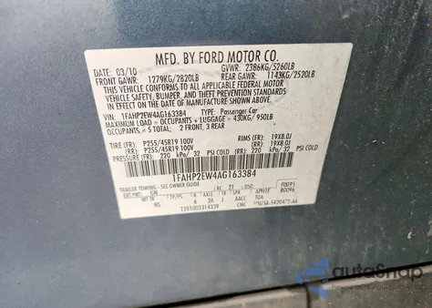 2010 Ford Taurus Sel z USA, uszkodzony, nr VIN 1FAHP2EW4AG163384